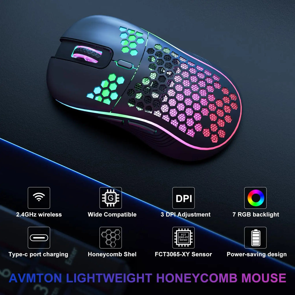 Ratón inalámbrico ligero con diseño de panal de abeja, Mouse recargable con retroiluminación RGB, receptor USB, DPI ajustable, 2,4G