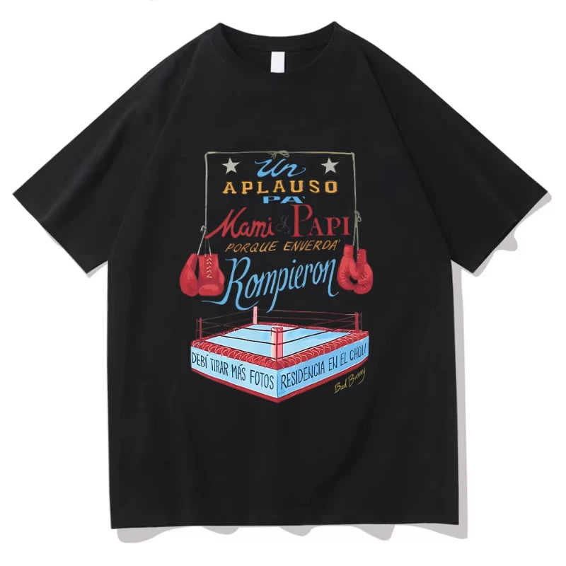 Bad Bunny DTMF Merch Boxing Tee Camiseta estética Unisex Estampado geométrico Cuello redondo Manga corta Estilo urbano Camiseta estampada