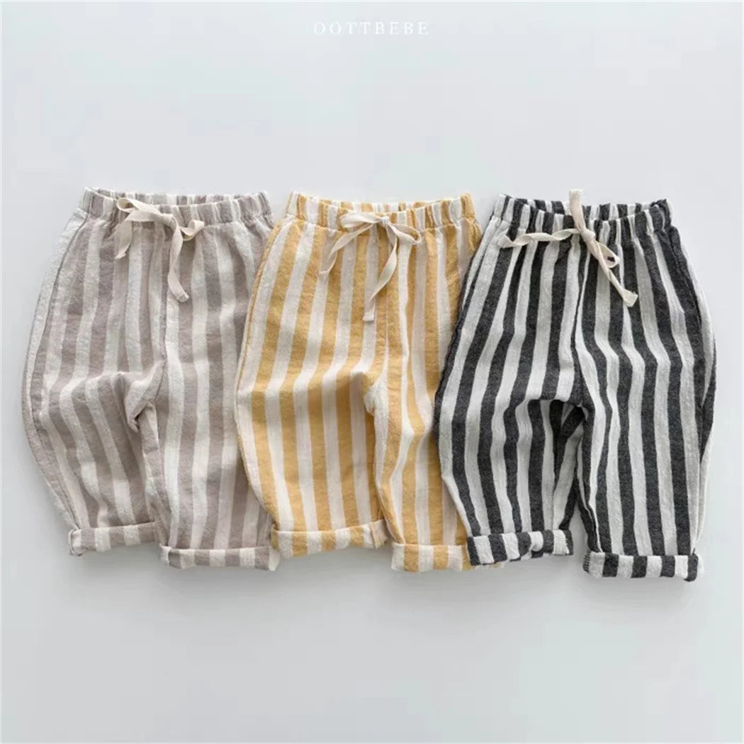 Pantalones Vintage de lino y algodón a rayas para niños, pantalones informales con diseño de bolsillo, pantalones de cintura elástica para niño niña, ropa, pantalones para niños