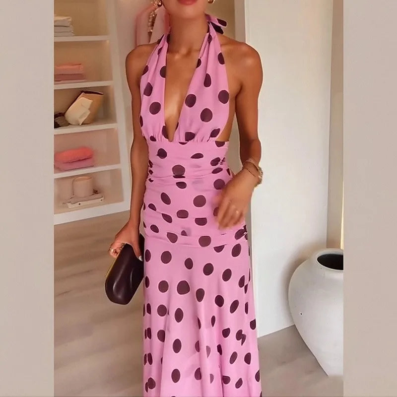 Vestido Vintage vestidos 2025 Mujer Vestido cuello Halter sin mangas lunares V-link contraste ajustado vacaciones ropa de mujer