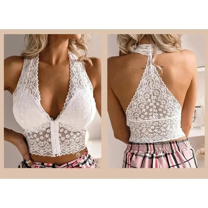Top corto Sexy de talla grande para mujer, Top corto con escote en V profundo bordado de encaje blanco Y2k, ropa femenina sin mangas de verano