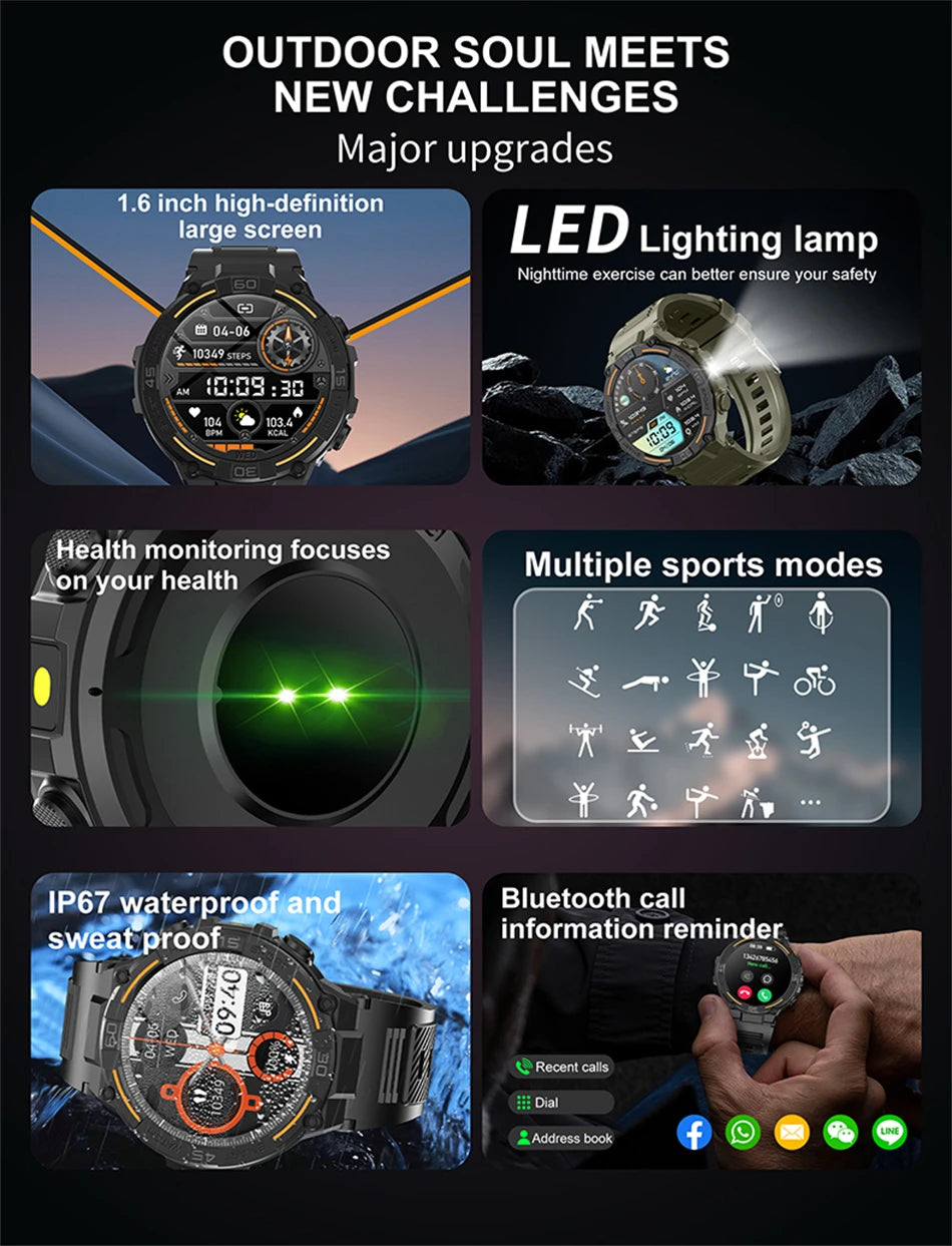 Reloj inteligente militar resistente al aire libre para hombres, GPS, deportes, Fitness, resistente al agua, llamada Bluetooth con luces LED, reloj inteligente