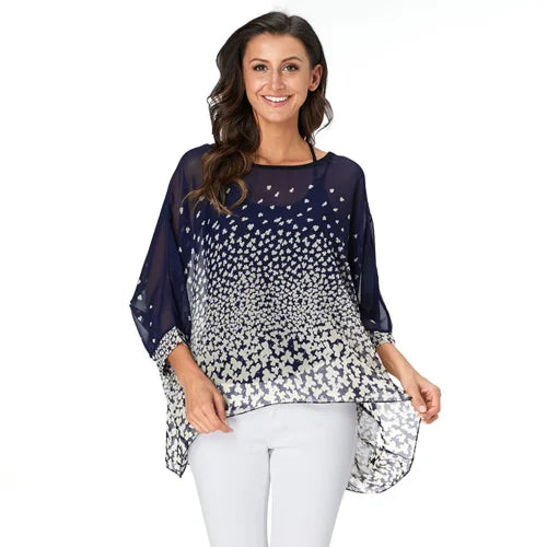 Novedad 2015 de mini vestidos casuales de gasa con estampado de flores para señoras, vestidos estilo bohemio con manga de murciélago en tallas grandes 4XL 5XL 6XL