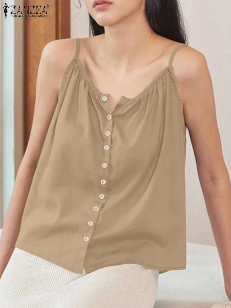 2025 camisetas sin mangas de verano para mujer ZANZEA moda Spaghetti Strap Blusa de algodón Casual suelta sólida playa Camis sin mangas camisa de vacaciones