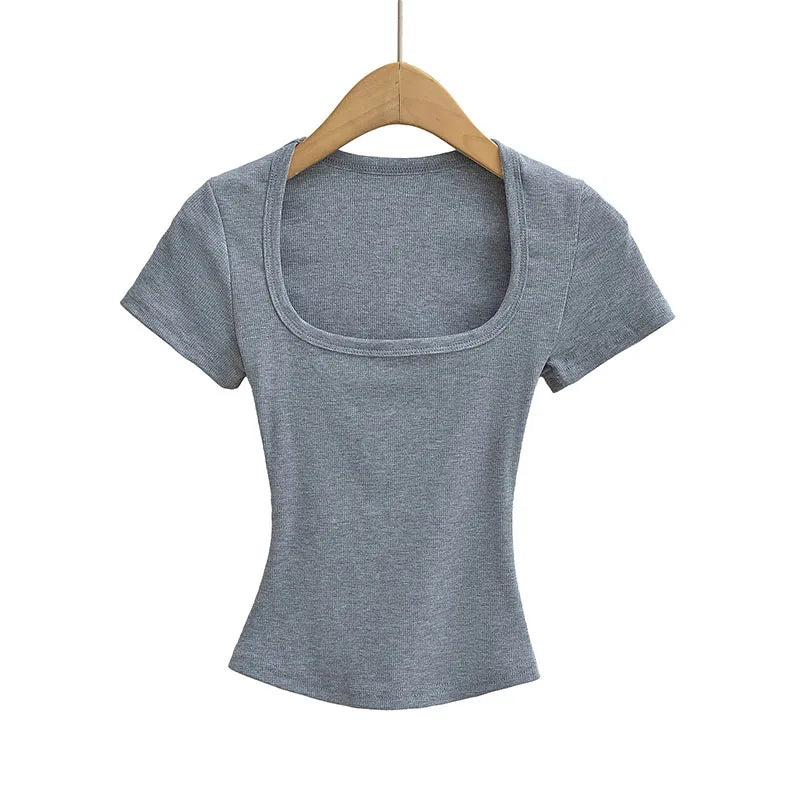 Top corto de alta elasticidad con cuello cuadrado para mujer, top sexy de manga corta, jersey ajustado, camisa básica de verano
