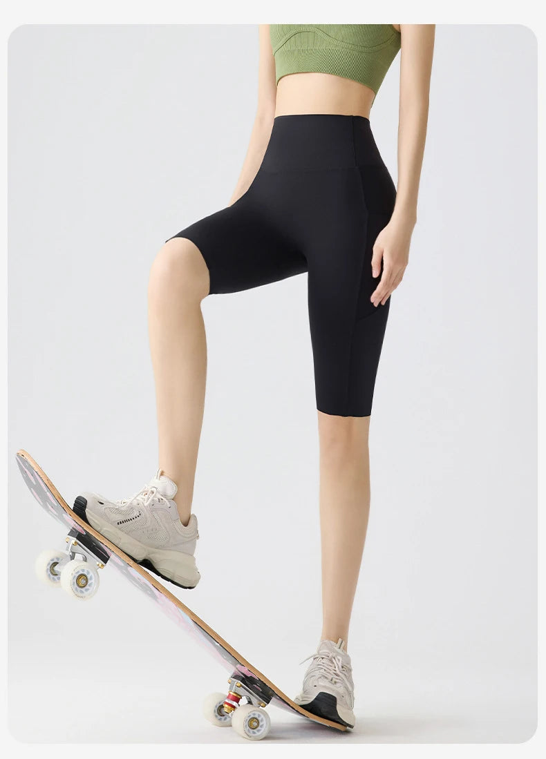 BIVIGAOS, pantalones cortos de verano con bolsillo para Yoga de piel de tiburón para bicicleta, pantalones cortos finos de cintura alta con realce, sensación desnuda, pantalones cortos deportivos para ciclismo y Fitness