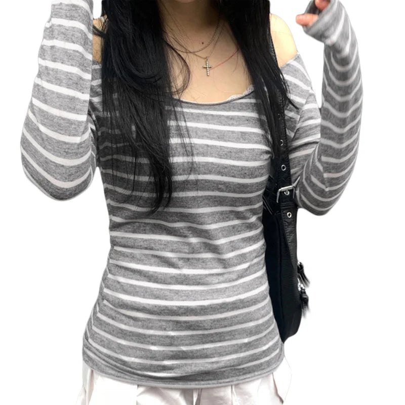 Lamuusaa Grunge Top y2k ropa mujer Cybercore rayas fuera del hombro Camiseta de manga larga 2000s ropa gótica ropa de calle de otoño