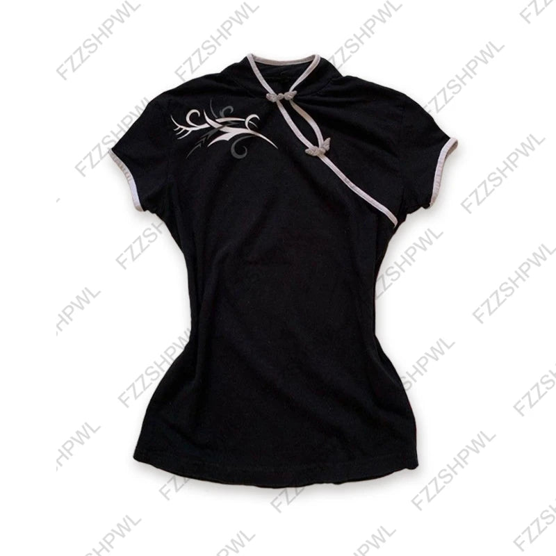 Camiseta de estilo chino moda high street Y2K chica de humor millenario botón gótico moda retro a cuadros tops de manga corta para mujer