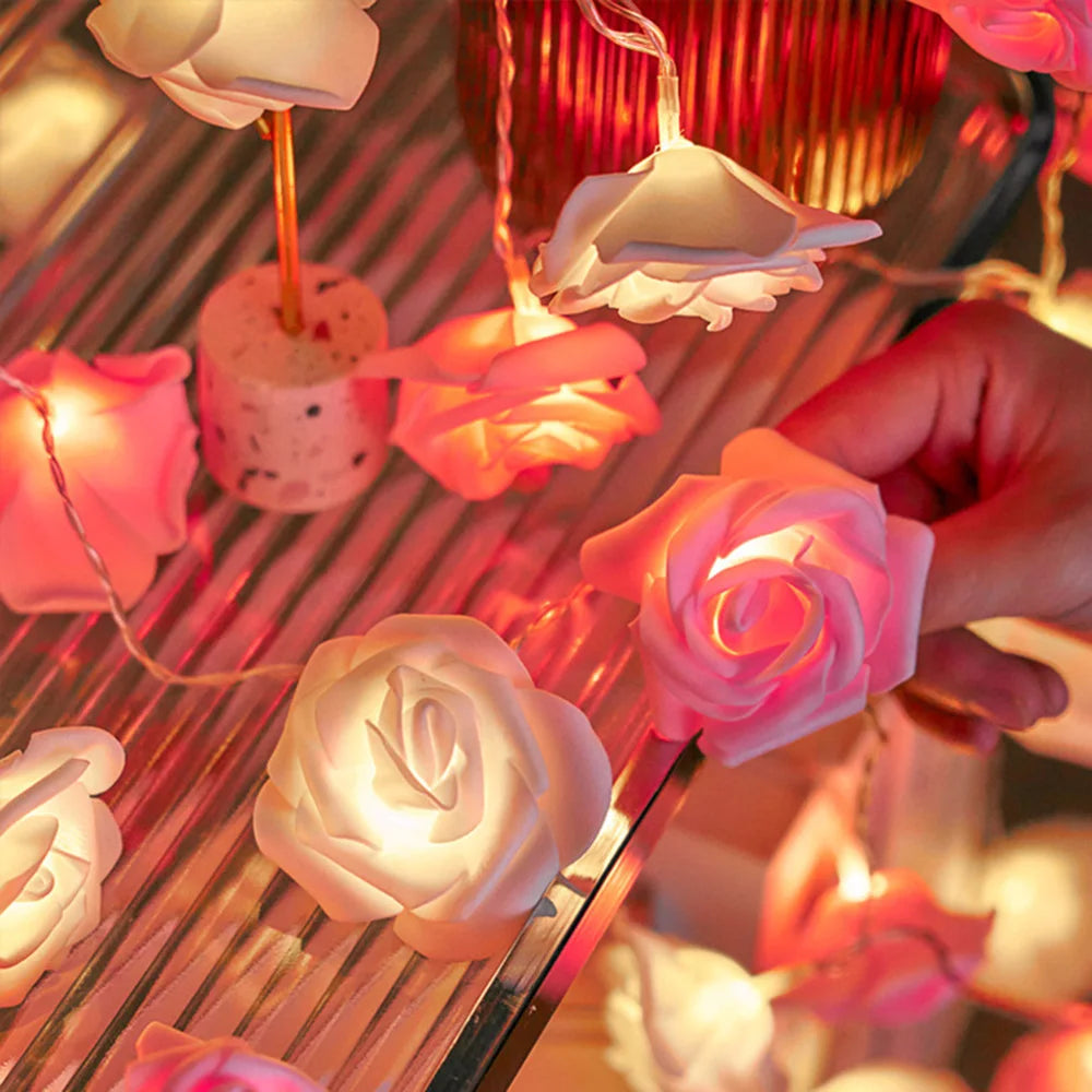 Guirnalda de Luces LED de 3m con 20 Rosas Artificiales, Funciona con Pilas, Decoración para Bodas, Habitaciones, Ramadán, Regalos para el Día de la Madre