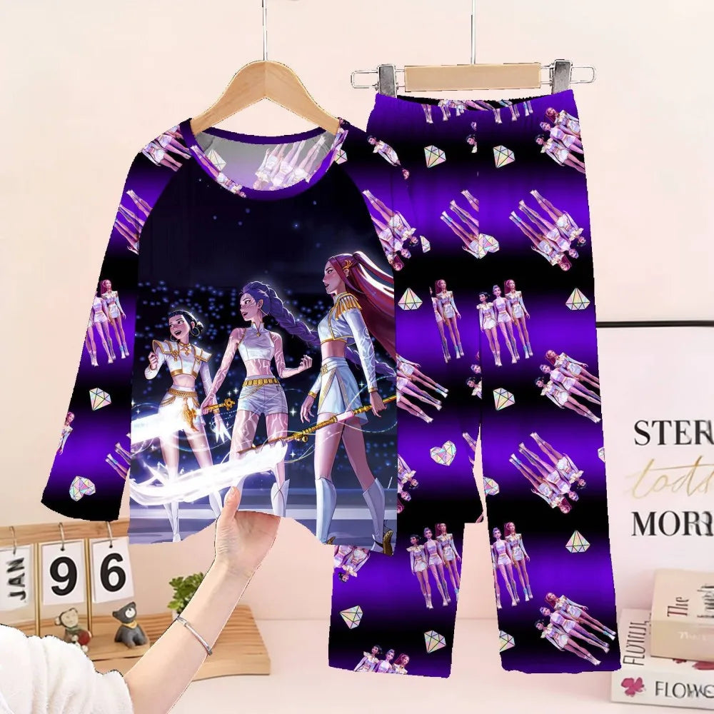 Conjunto de pijamas para niños KPop Demon Hunters Huntrix, ropa de manga larga para niñas, 2 uds., ropa de dormir para niños, ropa de dormir de dibujos animados para niños de 3 a 14 años
