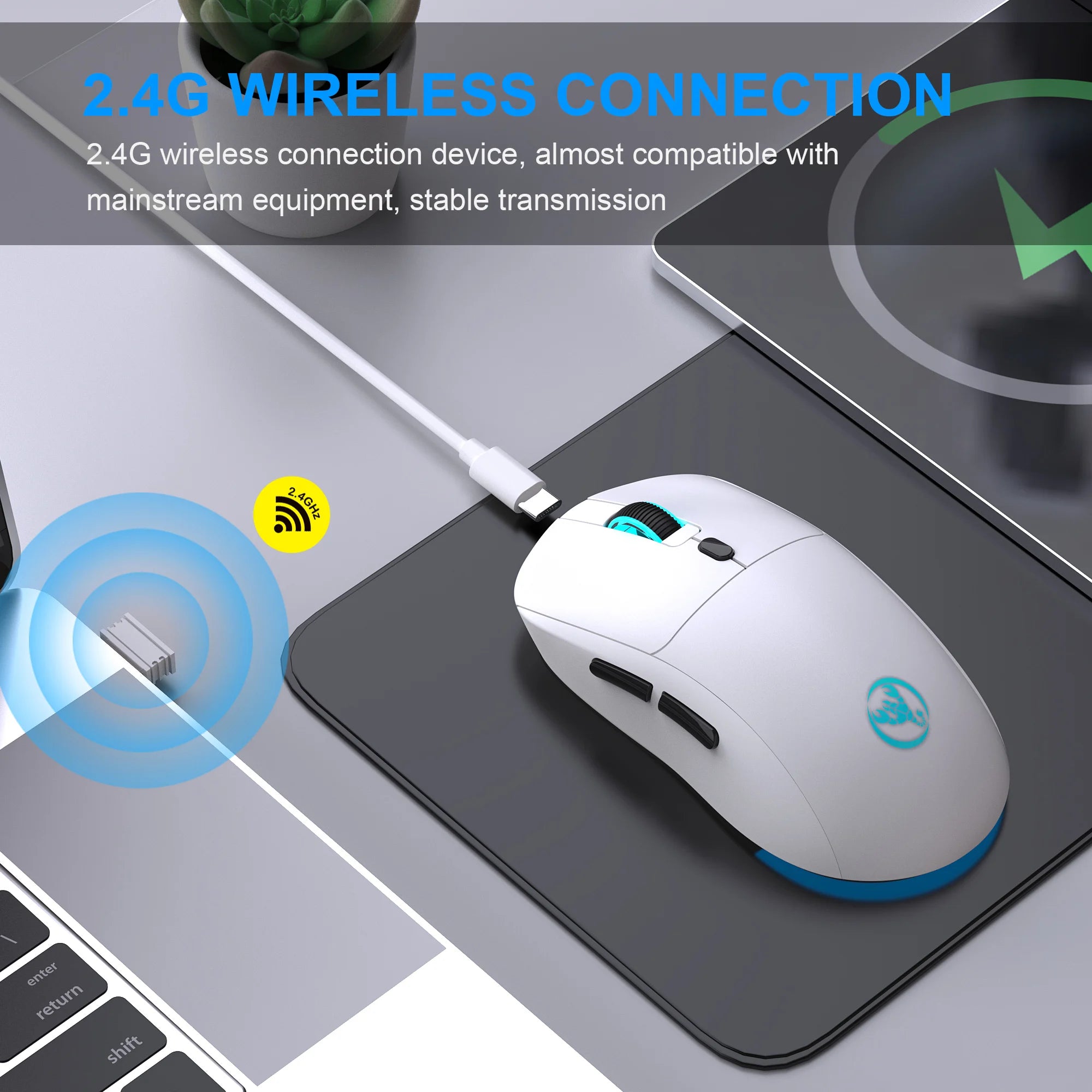 Ratón Inalámbrico Recargable de 2.4G, 650mAh, Ajustable a 3600DPI, Iluminación RGB de 7 Colores, Ergonómico y Silencioso para Oficina, Portátil, PC y Juegos