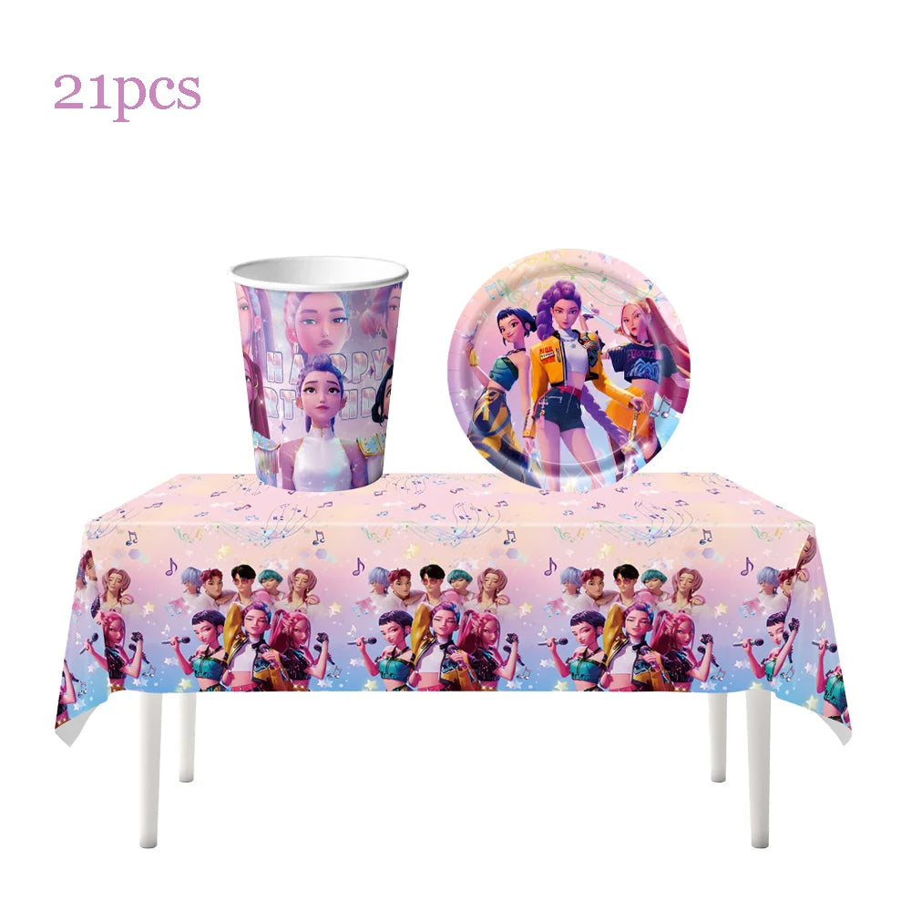 Vajilla desechable para fiesta temática de cazadores de demonios k-pop, plato con bandera de cazador, globo, decoración de cazadores, suministros para fiesta de cumpleaños