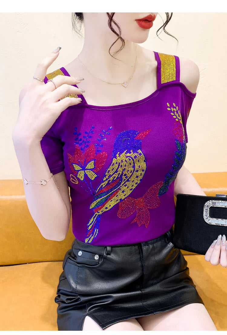 Ropa de calle europea, camiseta de marca para mujer, camisetas ajustadas de manga corta elegantes con diamantes brillantes para mujer