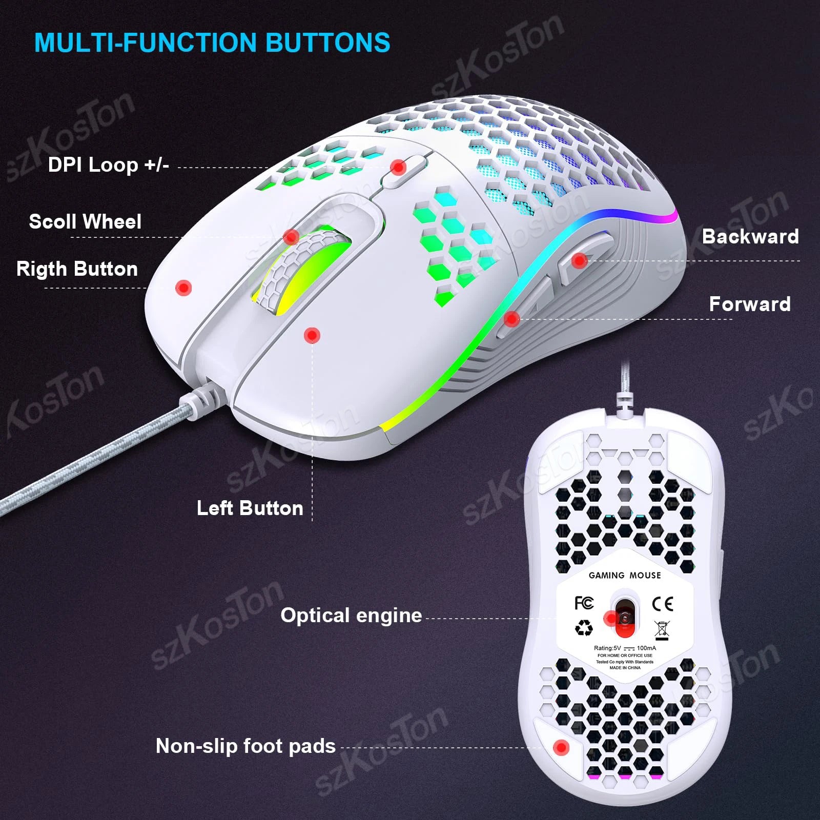 Mouse Gamer con Cable Honeycomb, Retroiluminación RGB, 7200 DPI Ajustables, Ergonómico, USB, para PC con Windows y Gamers de Laptop