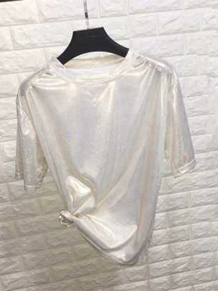 Tops de verano para mujer, camiseta holgada brillante de manga corta, camiseta sexy de estética para club harajuku, camiseta elegante de seda brillante para mujer