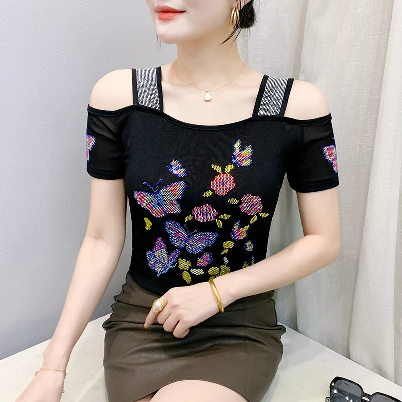 Ropa de calle europea, camiseta de marca para mujer, camisetas ajustadas de manga corta elegantes con diamantes brillantes para mujer