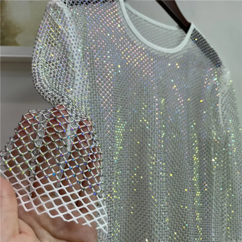 ColorShiny Diamonds-Camiseta básica de sílabas eléctricas para mujer, Top ajustado de cristal con cuello redondo, media manga, Sexy, para fiesta y Club