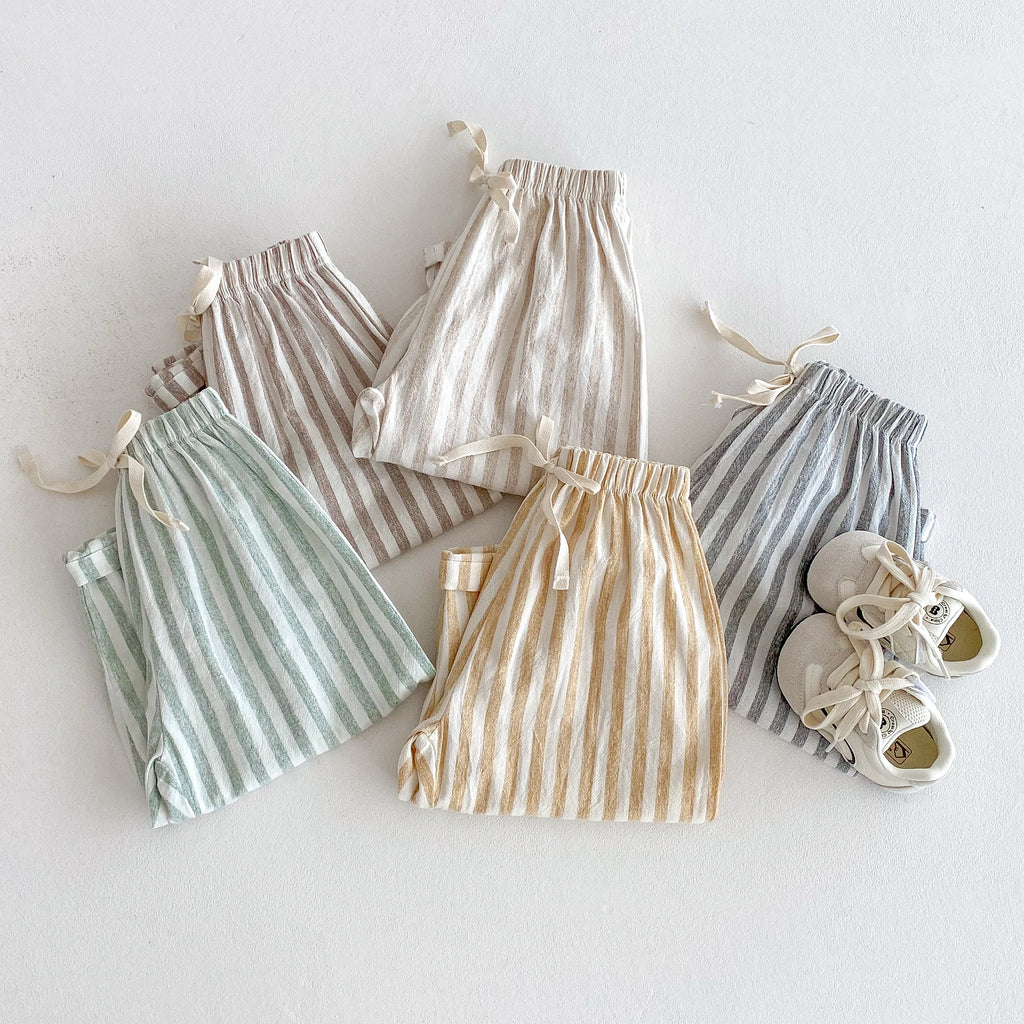 Pantalones Vintage de lino y algodón a rayas para niños, pantalones informales con diseño de bolsillo, pantalones de cintura elástica para niño niña, ropa, pantalones para niños