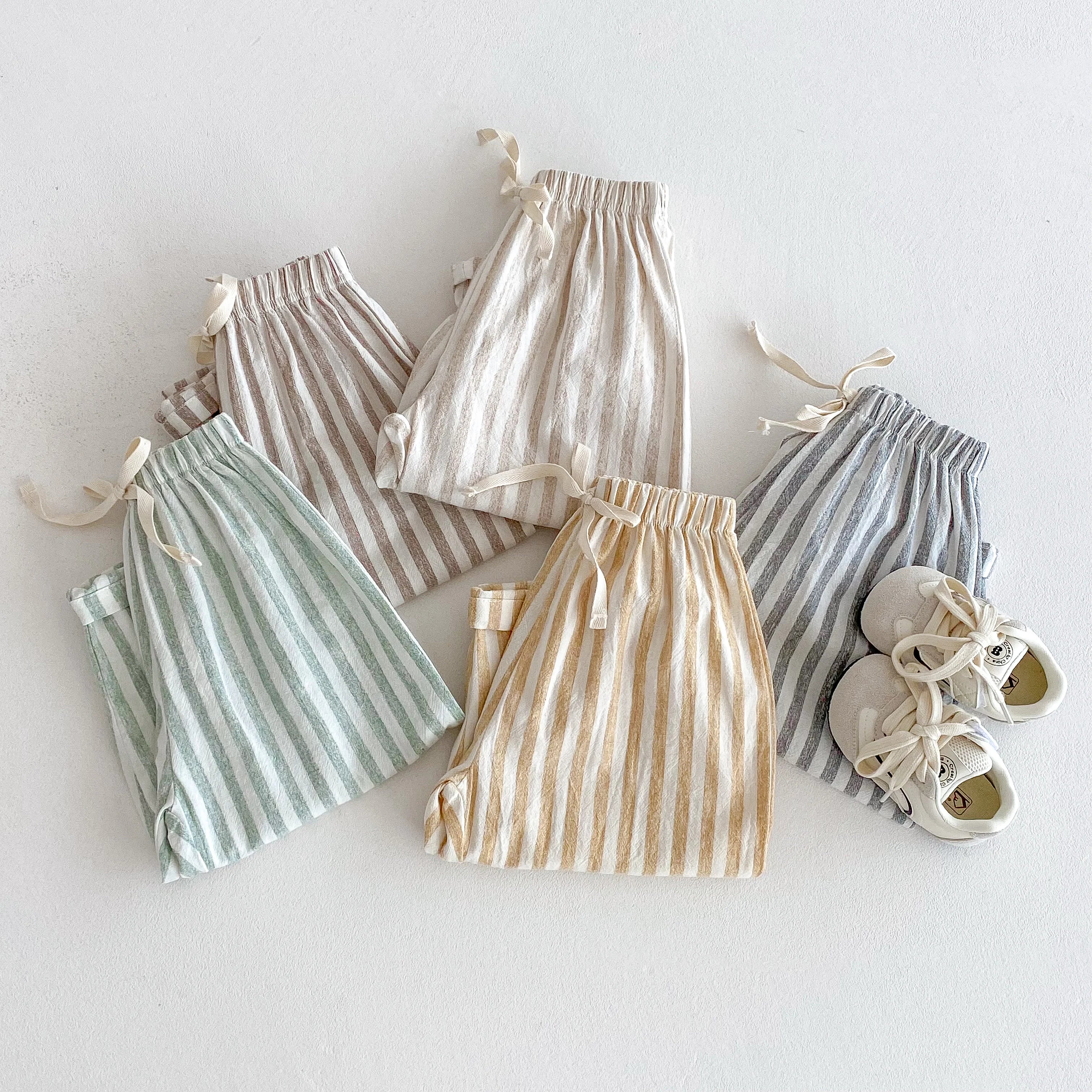 Pantalones Vintage de lino y algodón a rayas para niños, pantalones informales con diseño de bolsillo, pantalones de cintura elástica para niño niña, ropa, pantalones para niños