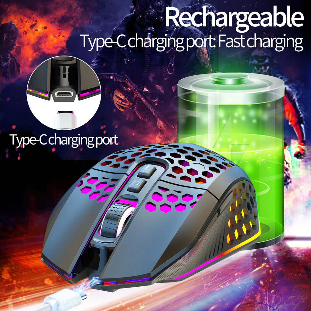 Ratón inalámbrico para juegos: diseño ergonómico con iluminación RGB, carga USB tipo C, carcasa de panal, diestro, precisión óptica