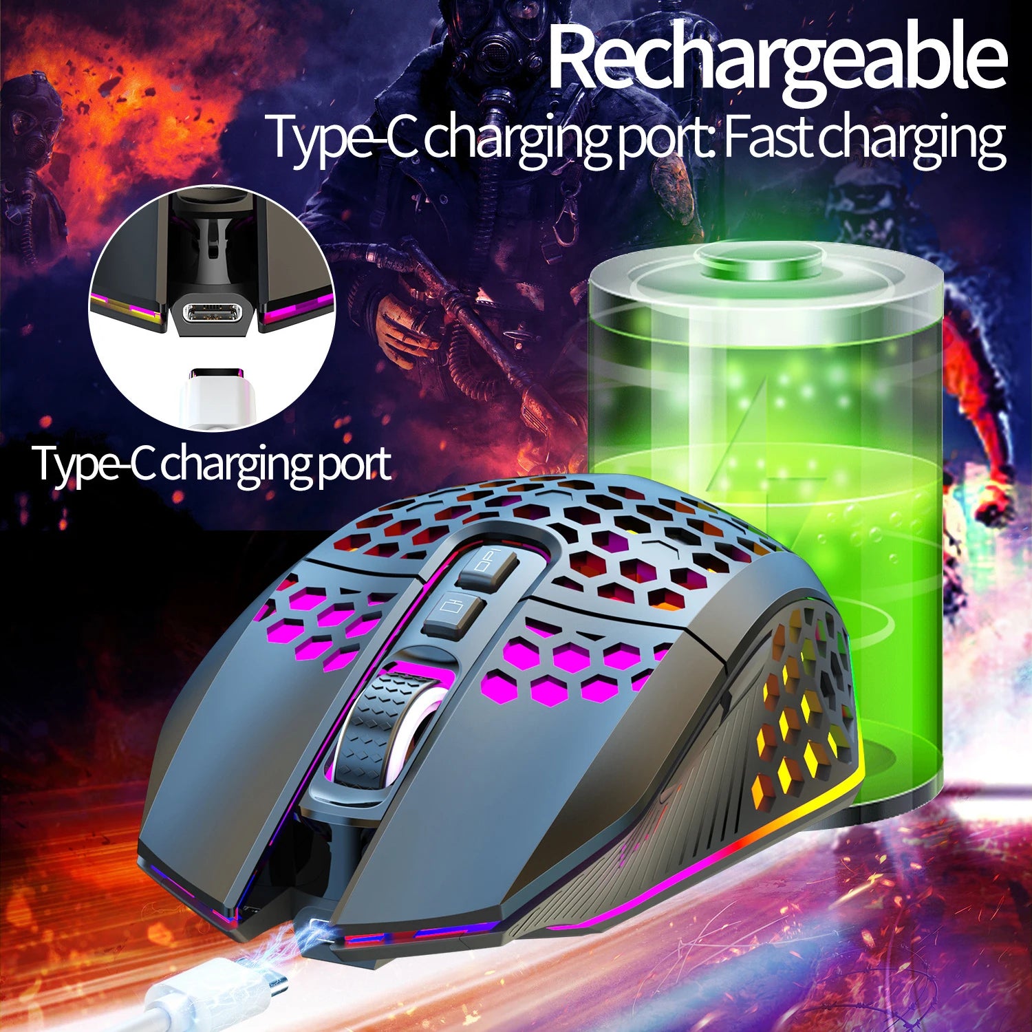 Ratón inalámbrico para juegos: diseño ergonómico con iluminación RGB, carga USB tipo C, carcasa de panal, diestro, precisión óptica
