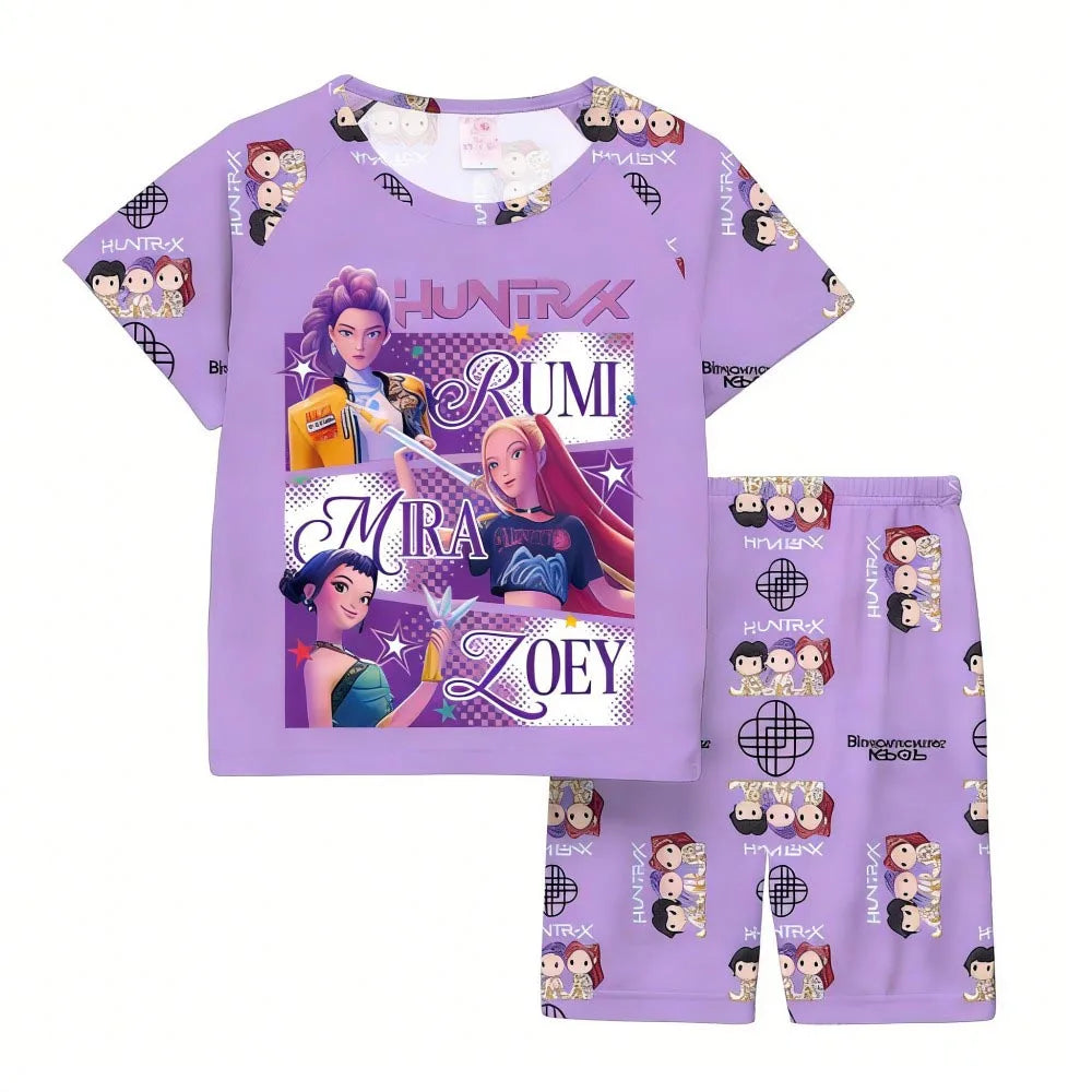 Conjuntos de pijamas para niñas, pijamas de verano para niños pequeños de 3 a 8, 10, 11 y 12 años, Kpop Demon Hunters, camisetas y pantalones cortos, conjunto de pijamas de dos piezas