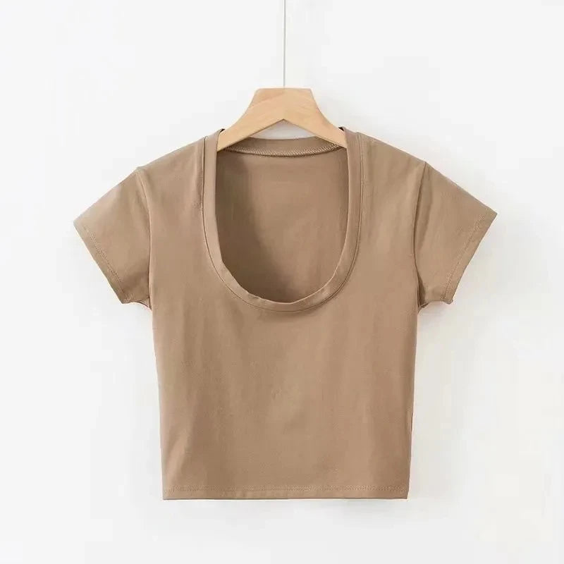 Camisetas sexis de verano para mujer, ropa ajustada elástica, camisetas de manga corta con cuello en U para mujer, Top corto Streetwea