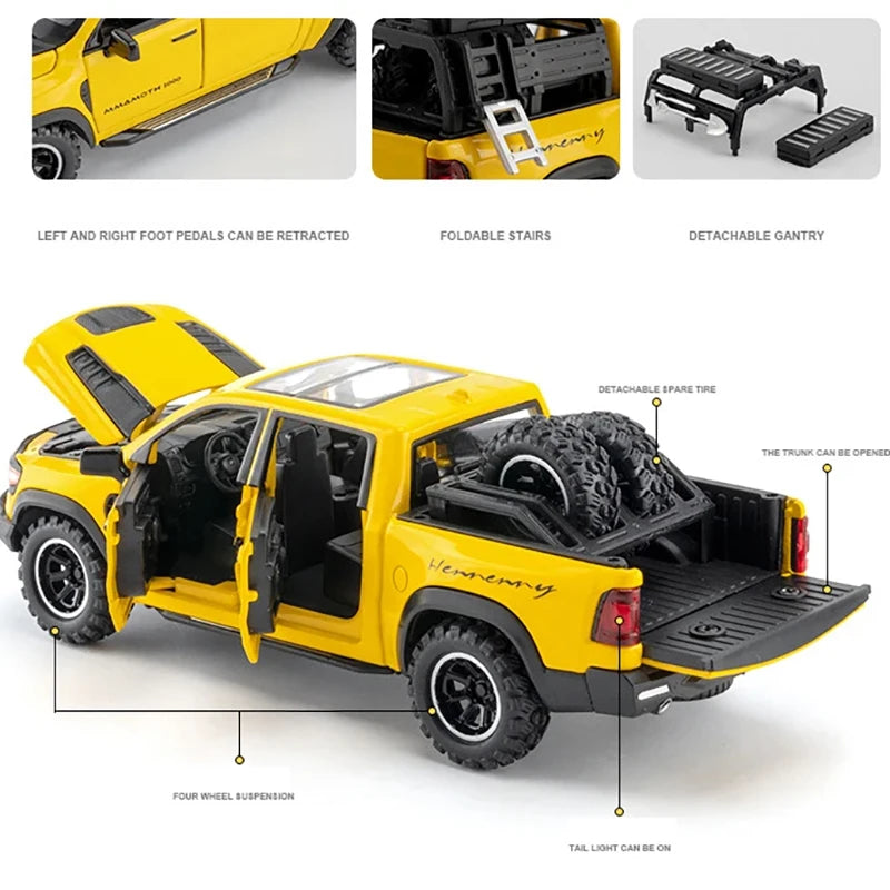1:32 Dodge RAM Mammoth camioneta todoterreno aleación coche de juguete modelo sonido y luz colección regalo para niños chico