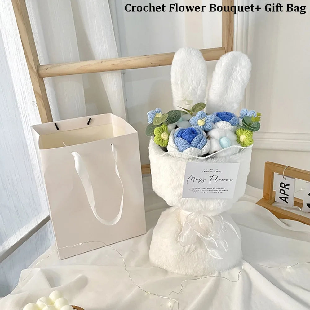 Ramo de flores de ganchillo con orejas de conejo, ramo de flores completo hecho a mano con bolsa de regalo, ramo de rosas de punto creativo para el día de la madre