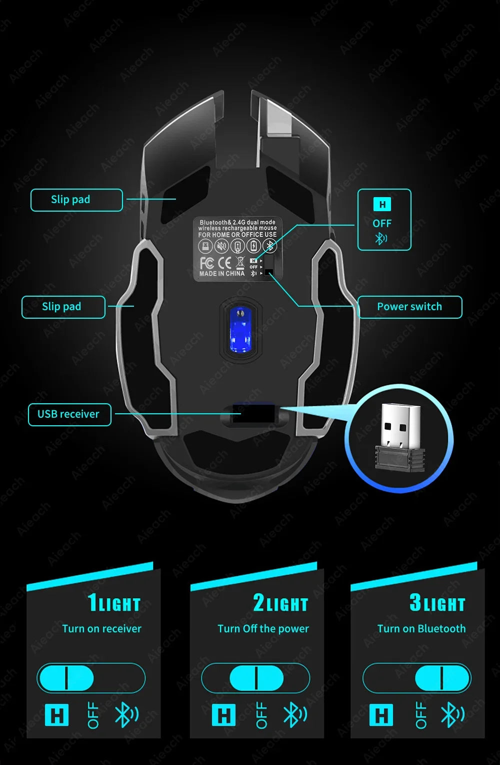 Ratón inalámbrico para juegos Bluetooth 2,4g USB recargable ergonómico diseño de retroiluminación mecánica para ordenador portátil PC Gamer