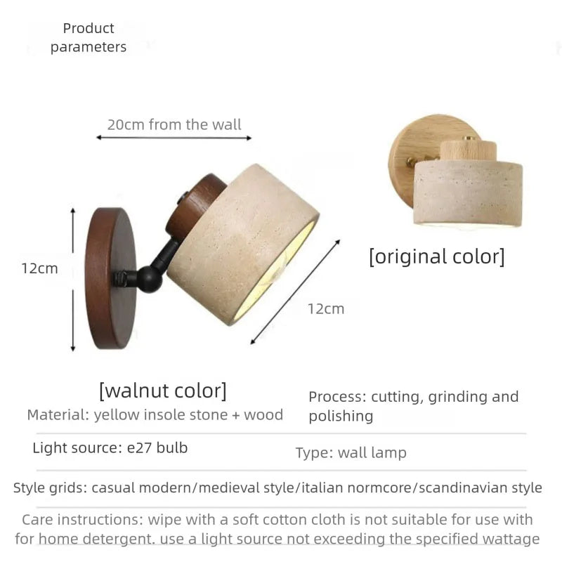 Lámpara de pared para cabecera de dormitorio wabi-sabi de estilo japonés con piedra de cueva amarilla, estudio retro en familia, lámpara de pared giratoria con interruptor para