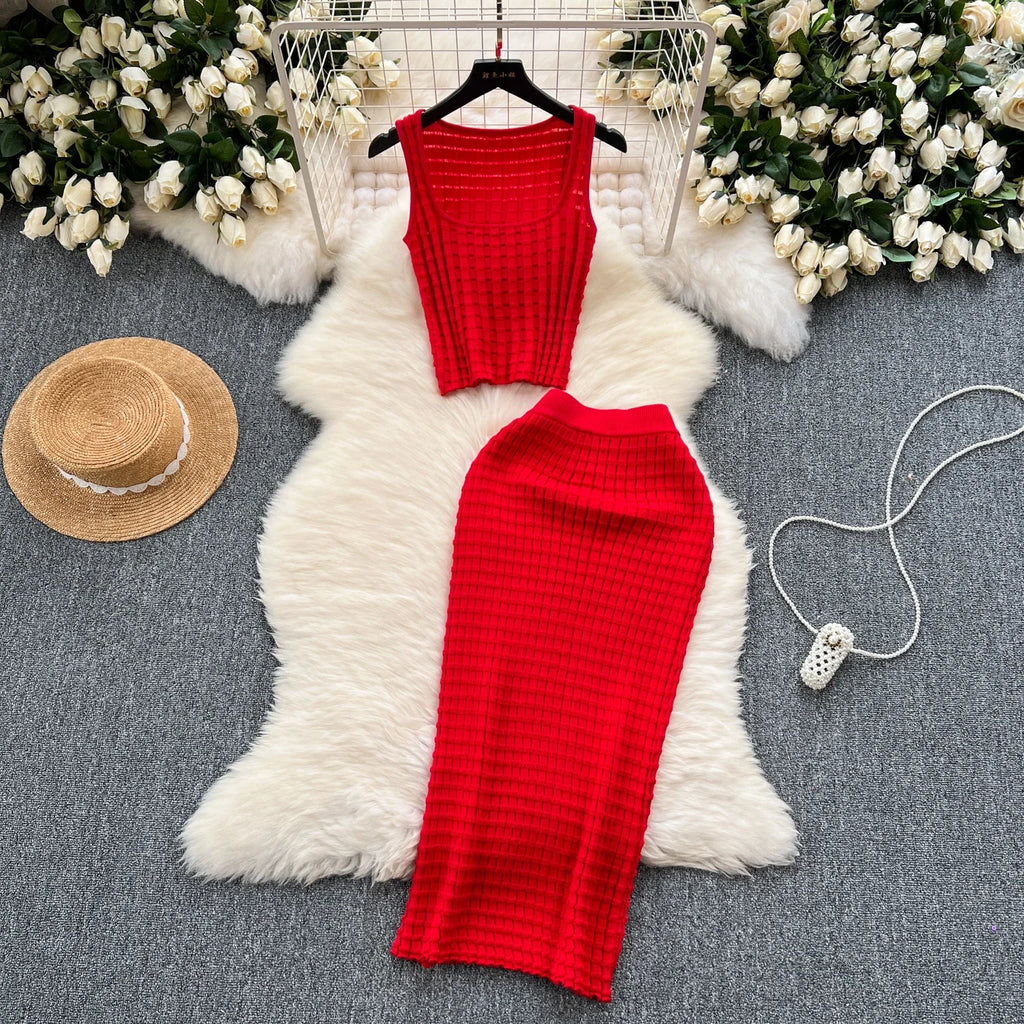 Conjunto de falda de moda de verano para mujer, camisetas sin mangas Sexy, cintura alta, Saya larga delgada, trajes de dos piezas, ropa de punto sólida