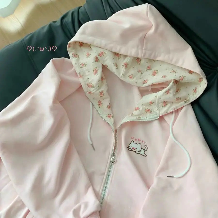 Abrigo con capucha Harajuku coreano Kawaii para mujer, cárdigan fino de manga larga con cremallera, ropa de calle Y2K, nuevas chaquetas holgadas de longitud media