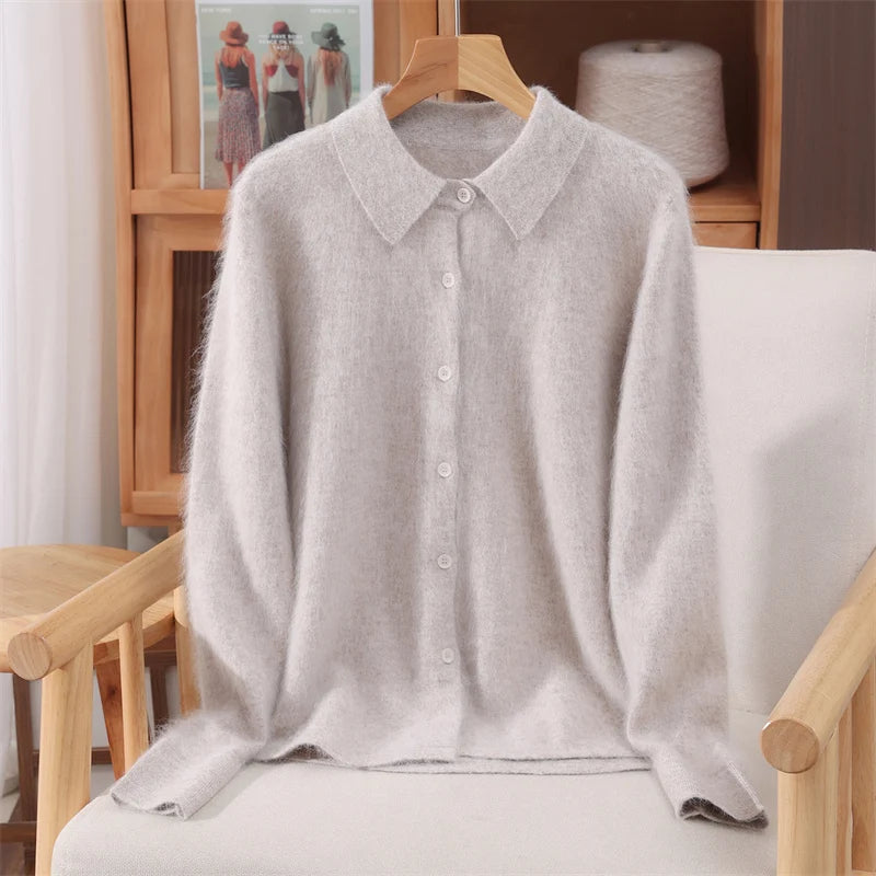Otoño Invierno mujer 100% suéter de cachemira de visón puro con cuello Peter Pan y botones Preppy coreano Casual tejido de Color sólido