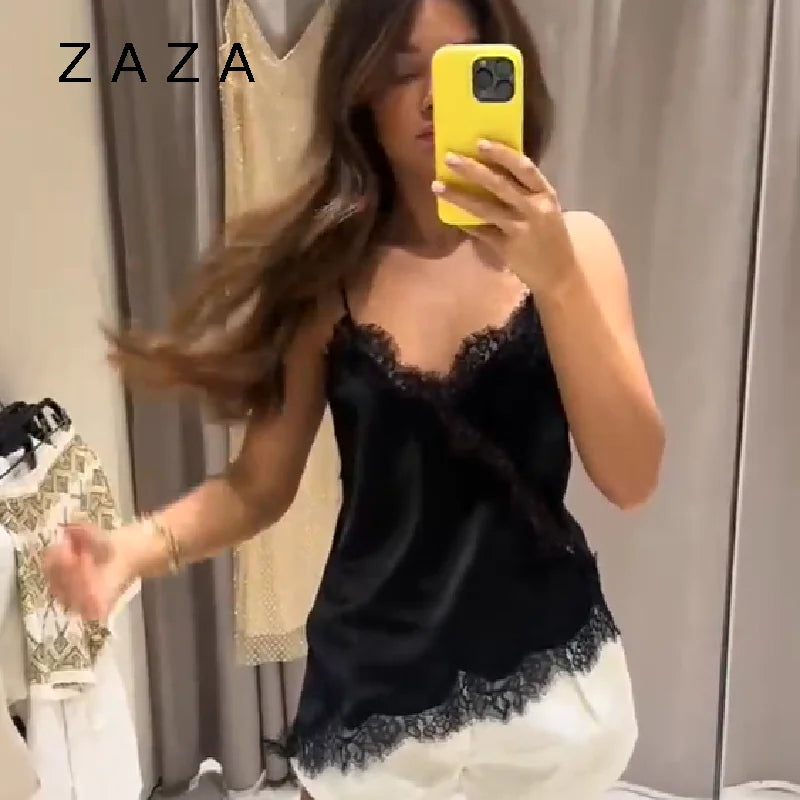 Verano mujeres Halter Top satén encaje empalmado tanque sin espalda cuello profundo Sexy chaleco dobladillo Irregular Vestidos 2025 señora vacaciones Sexy Tops