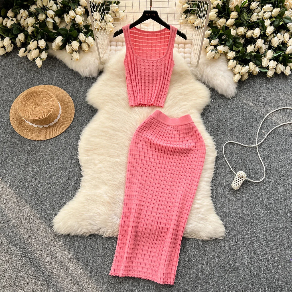 Conjunto de falda de moda de verano para mujer, camisetas sin mangas Sexy, cintura alta, Saya larga delgada, trajes de dos piezas, ropa de punto sólida