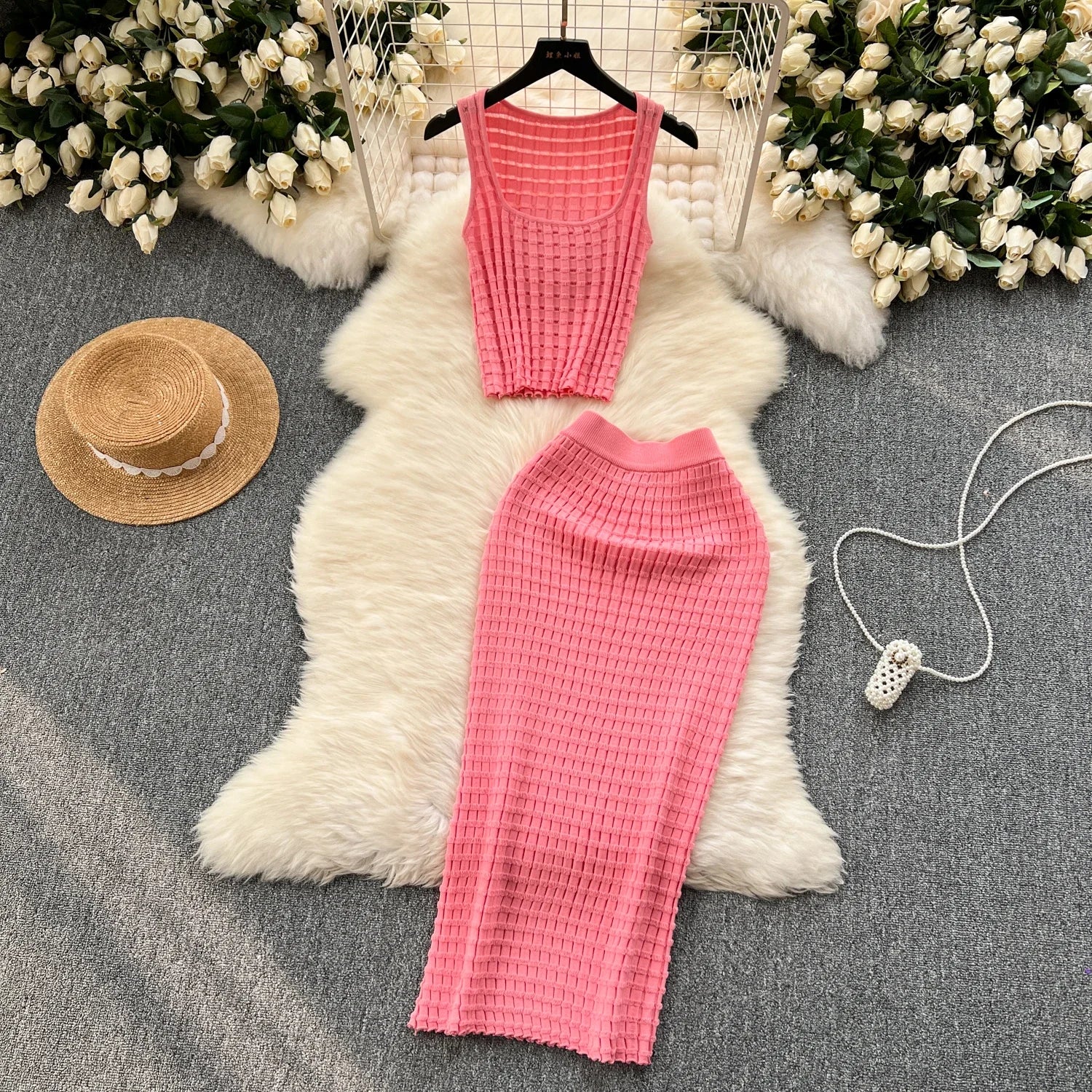 Conjunto de falda de moda de verano para mujer, camisetas sin mangas Sexy, cintura alta, Saya larga delgada, trajes de dos piezas, ropa de punto sólida