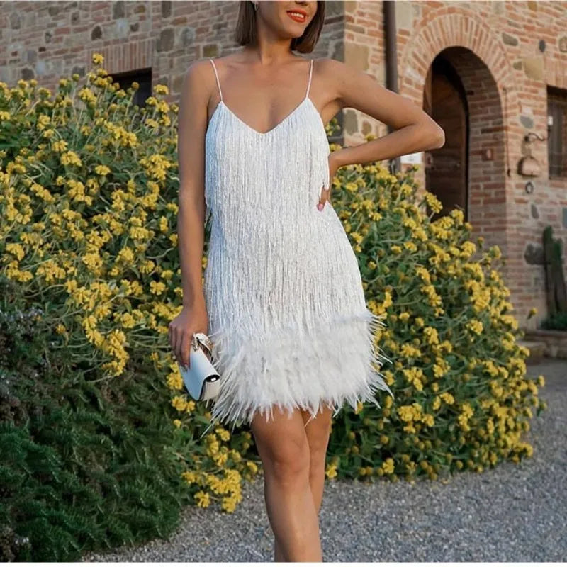 2025 nuevo Sexy borla lentejuelas pluma Mini vestido mujeres Spaghetti Strap costura vestidos mujer elegante vestido de fiesta de noche Club