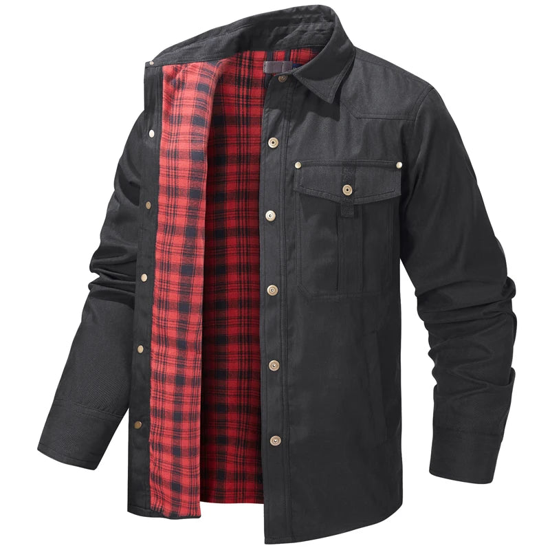 Primavera otoño hombres camisa de franela a cuadros chaqueta Casual hombres Retro solapa algodón camisas cálidas hombres chaqueta cortavientos táctica ropa