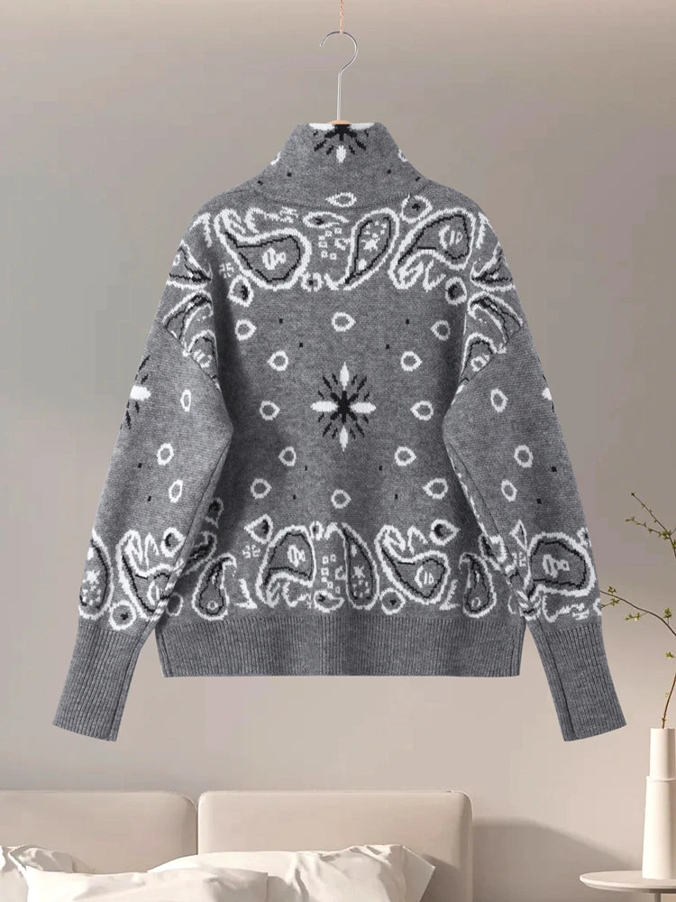 Cárdigan Vintage de punto Jacquard con cuello levantado para mujer, suéter holgado con bolsillos de manga larga y cremallera, prendas de punto suaves para primavera 2026