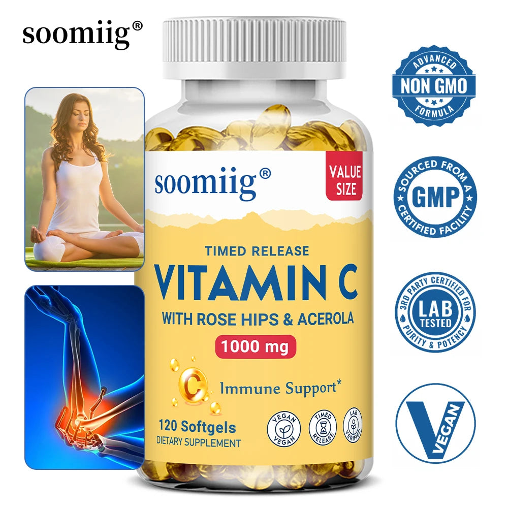 Vitamina C con caderas rosas y acérola |   1000mg |   Función inmune saludable de liberación temporizada en dos etapas, soporte para la piel, el cabello y las uñas |   No OGM