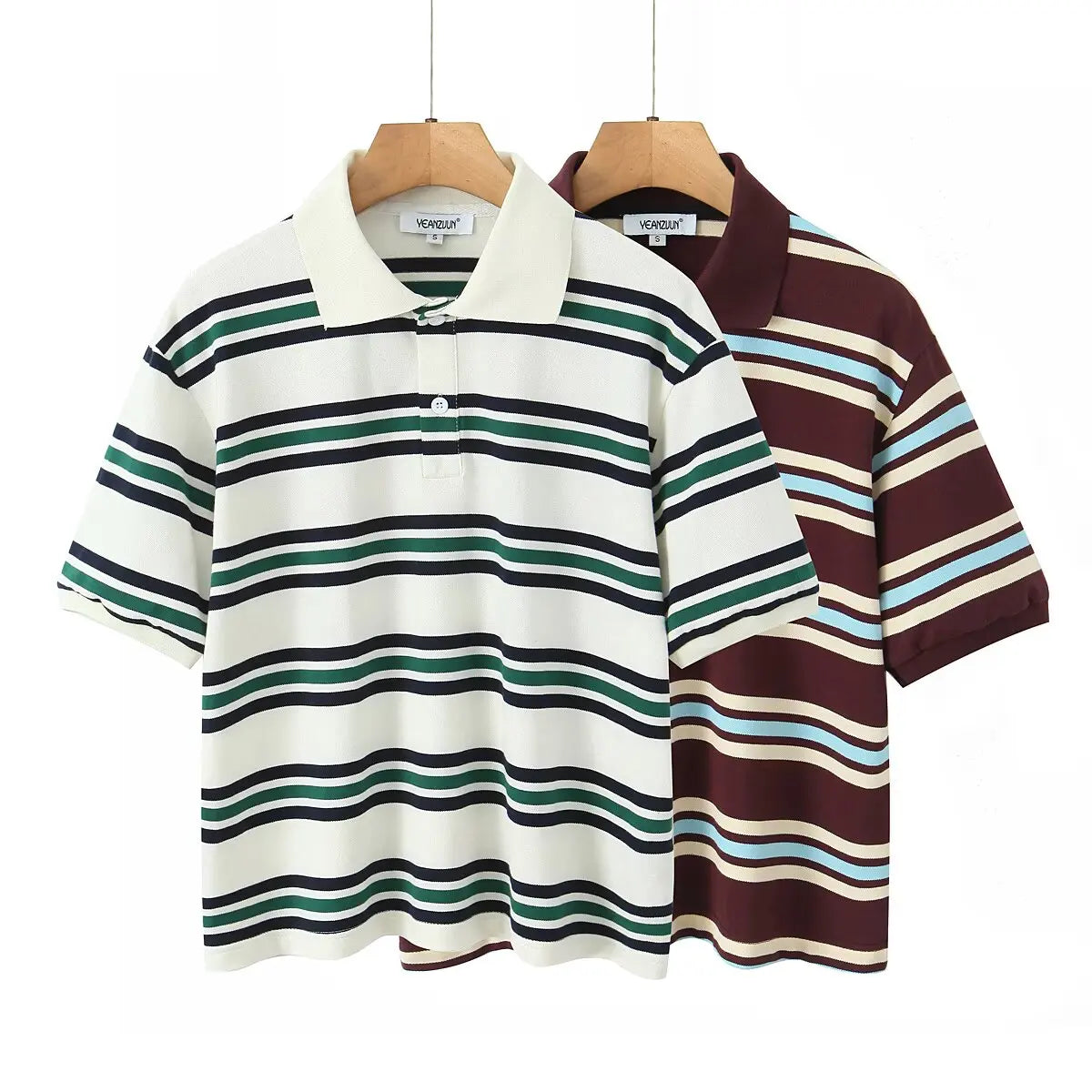 Polos de verano para Mujer, pantalones cortos de manga corta a rayas marrones, ropa Vintage, Polos para Mujer, ropa de calle, Tops cortos informales