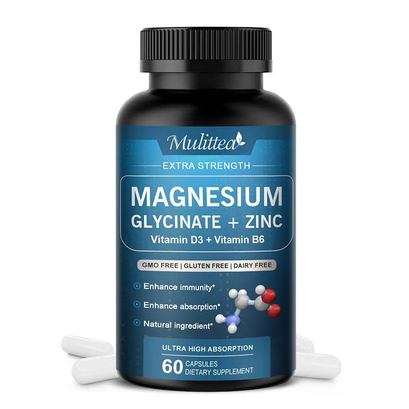 Mulittea Cápsula de magnesio de glicina con Zinc, vitamina D3 B6, salud de huesos y dientes, ayuda a dormir Natural, alivia la ansiedad