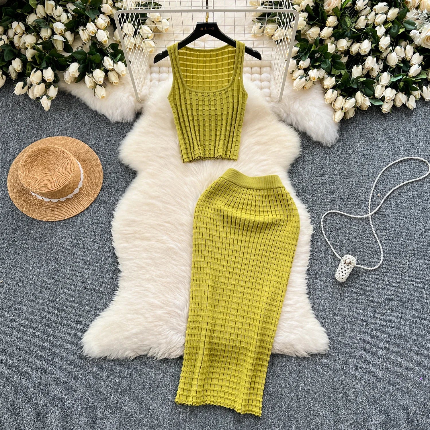 Conjunto de falda de moda de verano para mujer, camisetas sin mangas Sexy, cintura alta, Saya larga delgada, trajes de dos piezas, ropa de punto sólida