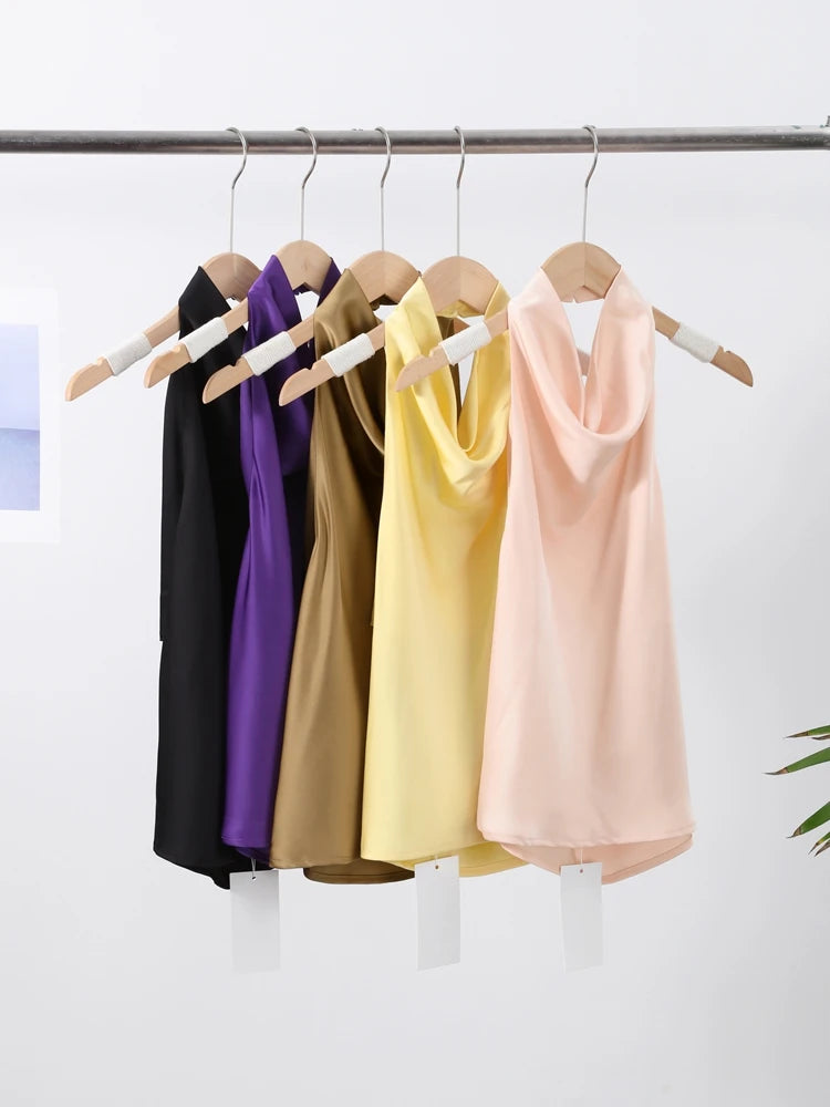 Vestido sin mangas con cuello colgante para mujer, vestido liso de satén con espalda descubierta, vestidos informales de oficina con tirantes finos, nueva Suite de primavera 2025