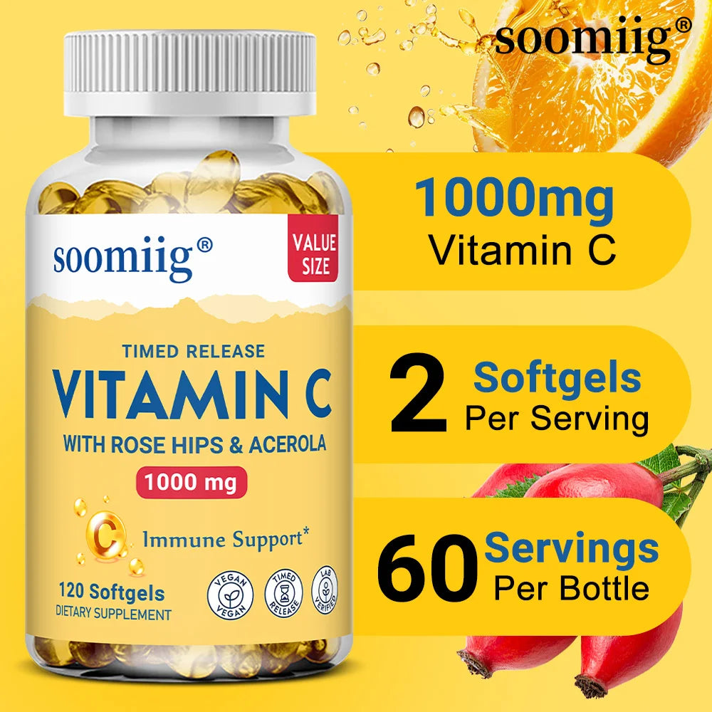 Vitamina C con caderas rosas y acérola |   1000mg |   Función inmune saludable de liberación temporizada en dos etapas, soporte para la piel, el cabello y las uñas |   No OGM