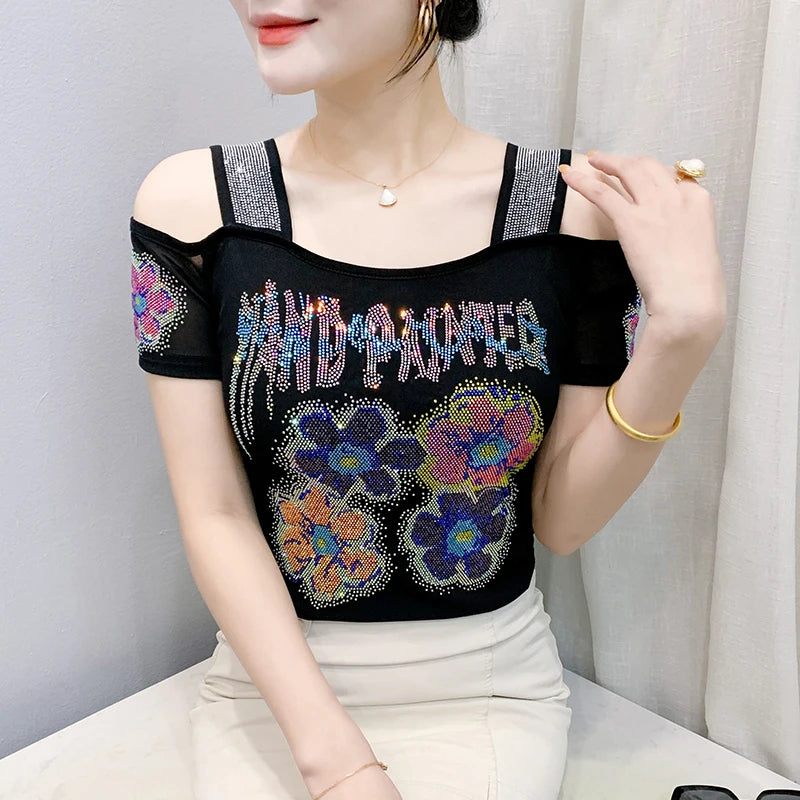 Ropa de calle europea, camiseta de marca para mujer, camisetas ajustadas de manga corta elegantes con diamantes brillantes para mujer