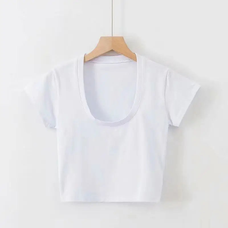 Camisetas sexis de verano para mujer, ropa ajustada elástica, camisetas de manga corta con cuello en U para mujer, Top corto Streetwea