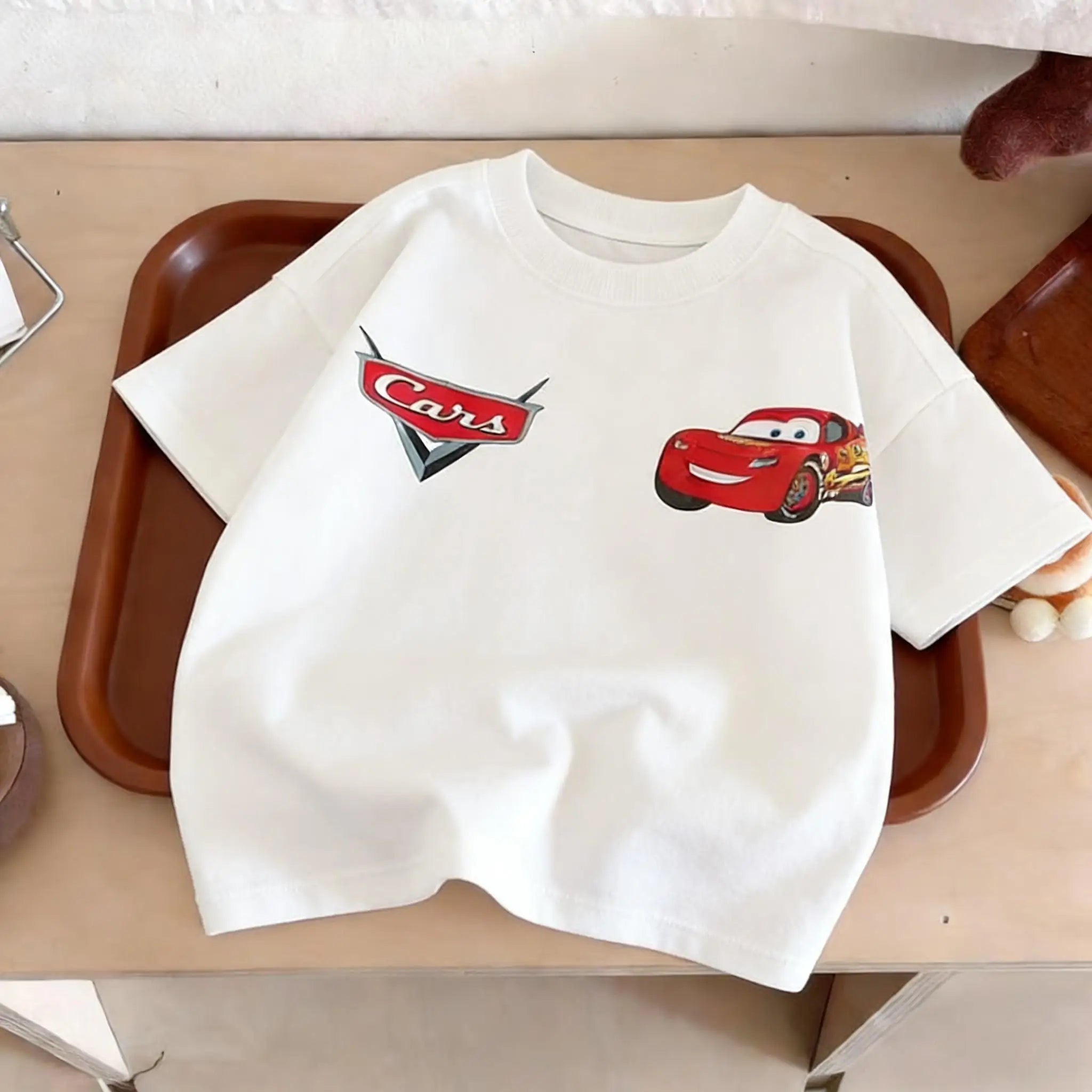 Ropa de verano con estampado de coches de dibujos animados para niños, camisetas de manga corta, ropa para niños, camiseta con cuello redondo, camisetas de disfraz para niños