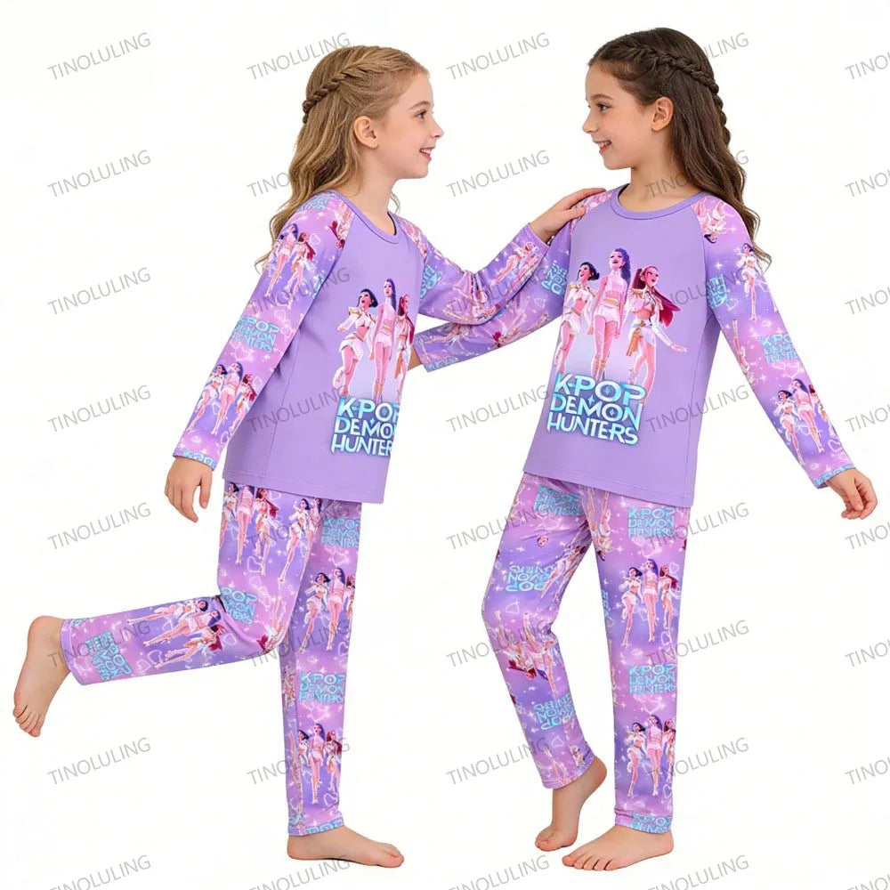 Conjunto de pijamas para niños KPop Demon Hunters Huntrix, ropa de manga larga para niñas, 2 uds., ropa de dormir para niños, ropa de dormir de dibujos animados para niños de 3 a 14 años